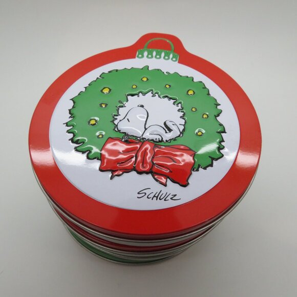 Christmas Snoopy Round Empty Tin Can Lid Ornament Keepsake Container Set of 4 - Picture 9 of 10